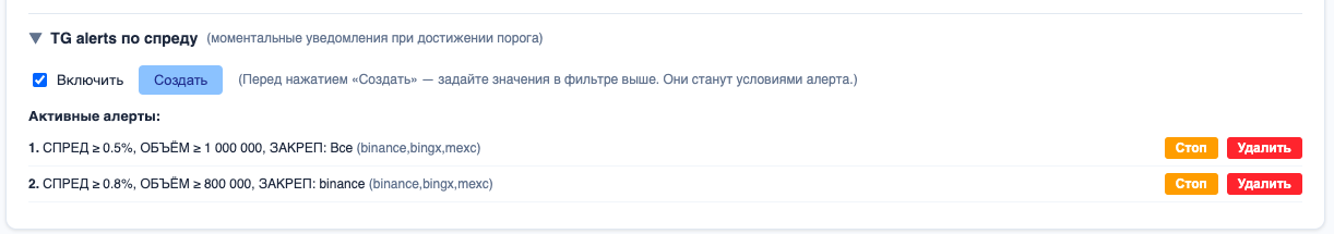 Блок TG alerts по спреду под классическими фильтрами